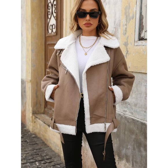 Women khaki LY VAREY LIN Faux Leather Sherpa Aviator Bomber Jacket - Picture 3 of 7